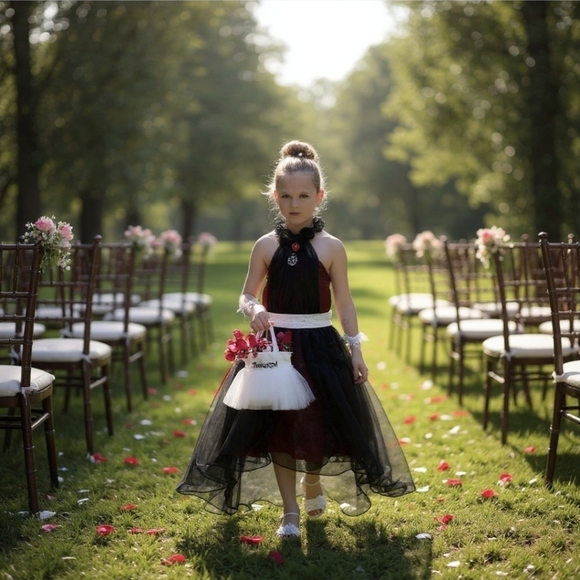 Custom Black & Red Chiffon Dress ✦ Girls 6 ✦ Handmade Roses Sparkle Sash Formal - Picture 15 of 16
